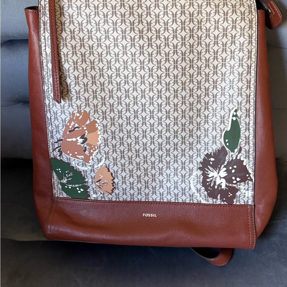 Fossil Brown and Cream Shoulder Bag with Floral Accents